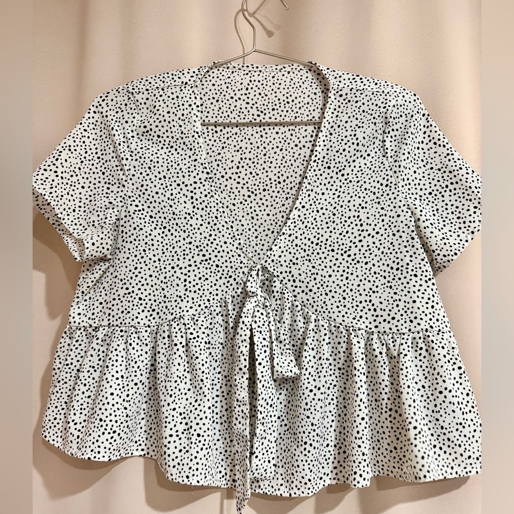 SHEIN Black and White Dotted Tie-Front Blouse